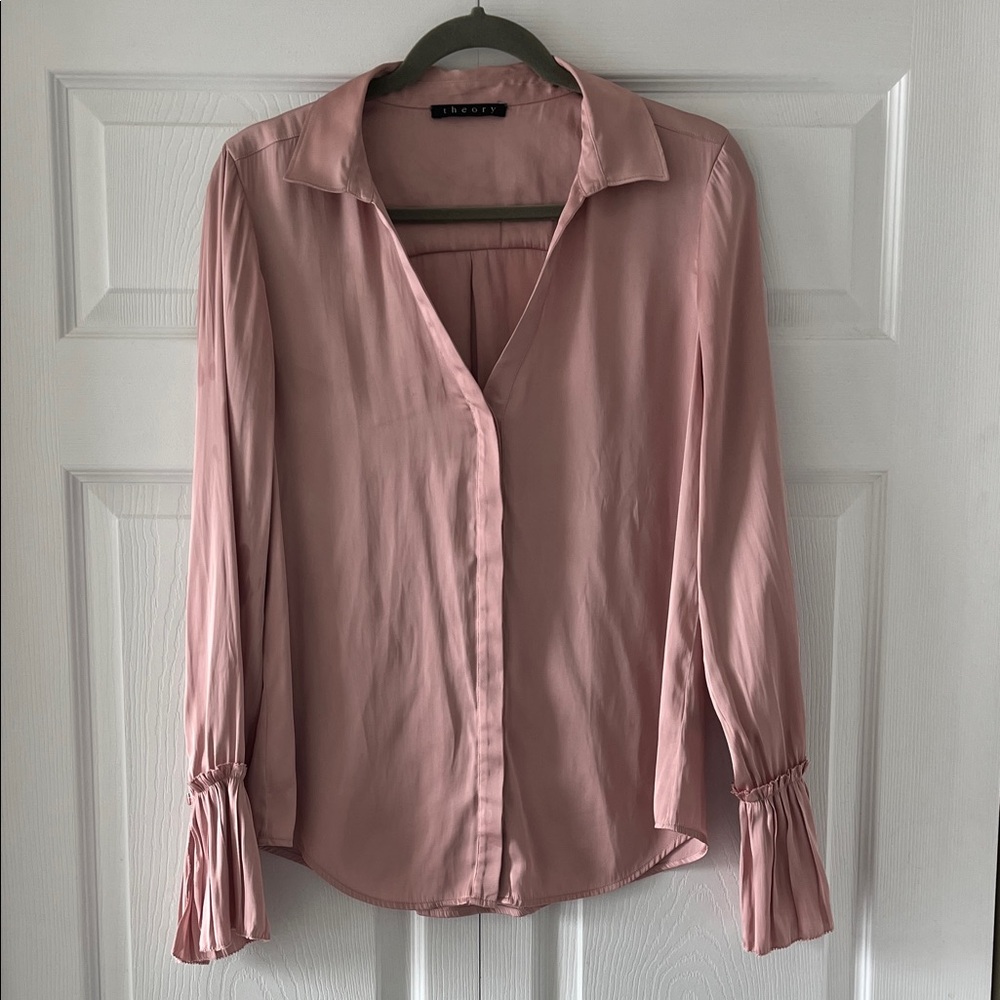 Theory Dusty Pink V-Neck Long-Sleeve Ruffle Cuff Blouse